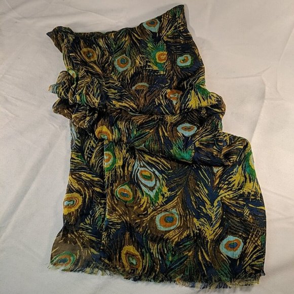 Cynthia Rowley Peacock Print Scarf Fringed Hem Loose Lightweight Fall Woven Bird - Picture 2 of 9